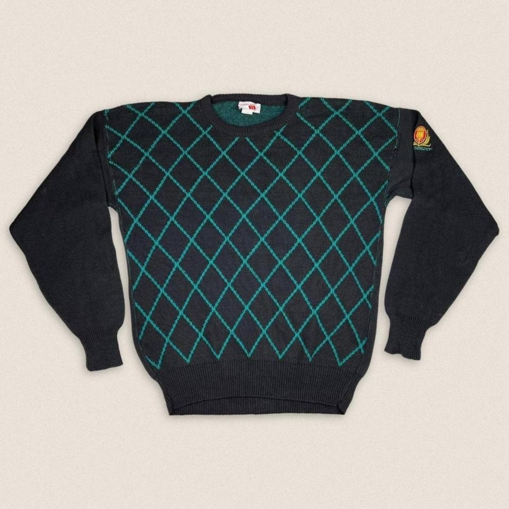 Vintage grandpa Sweater crew neck black blue diamonds 3‎ strikes Size Large